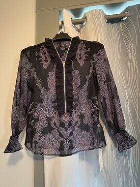 Futario Blouse Woman’s Zip Front Paisley Ruffle V Neck